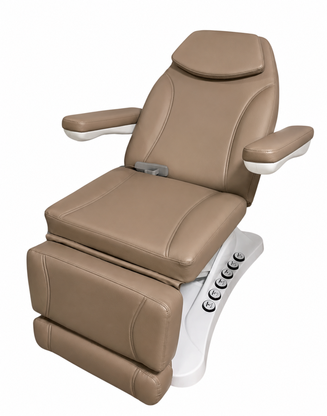 Beige massage chair with control panel on a white background