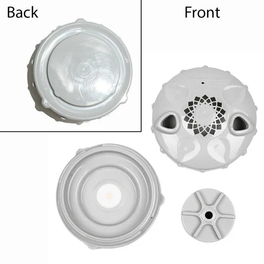 Top-down view of a white light fixture showing front and back views on a white background.