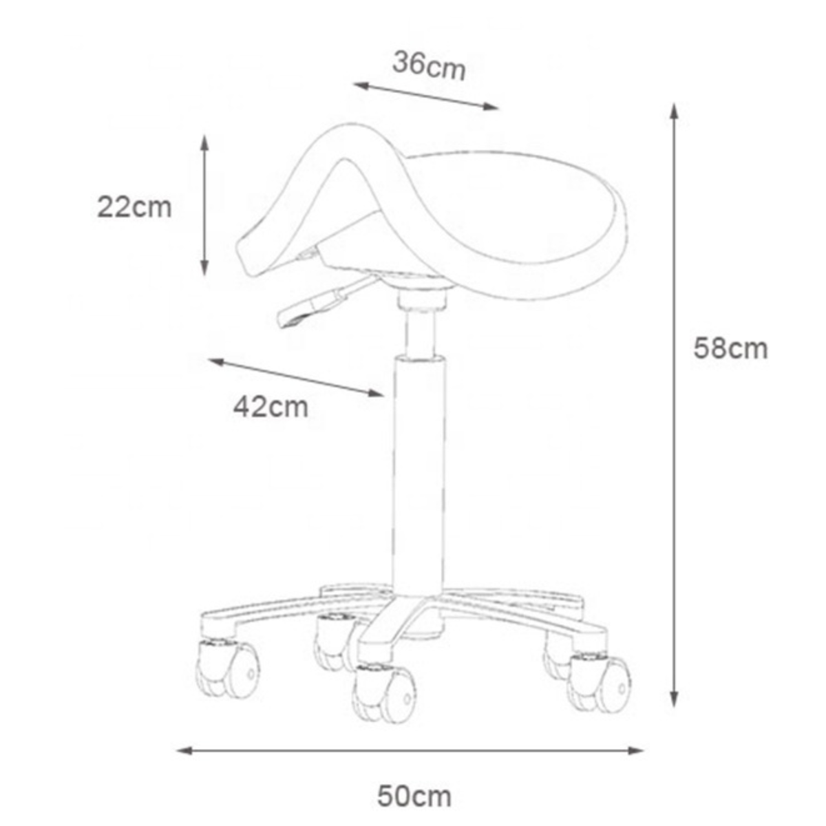 Measurement chart of a saddle seat with dimensions labeled