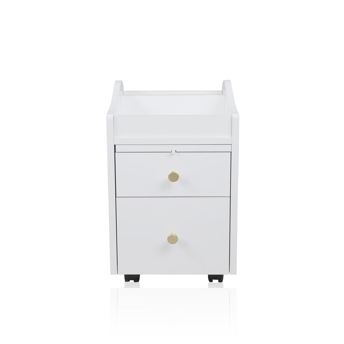 A white and gold pedicure trolley with two drawers and a top shelf, equipped with wheels and gold handles.