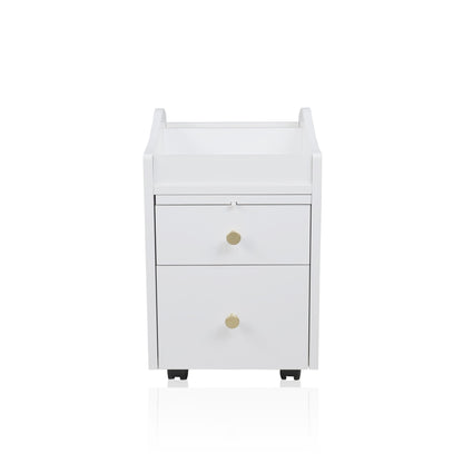 A white and gold pedicure trolley with two drawers and a top shelf, equipped with wheels and gold handles.