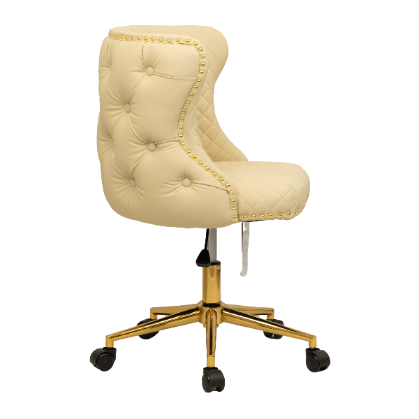 Side view of a cream upholstered chair with button-tufted backrest, gold nail-head trim, and a gold five-star base with caster wheels