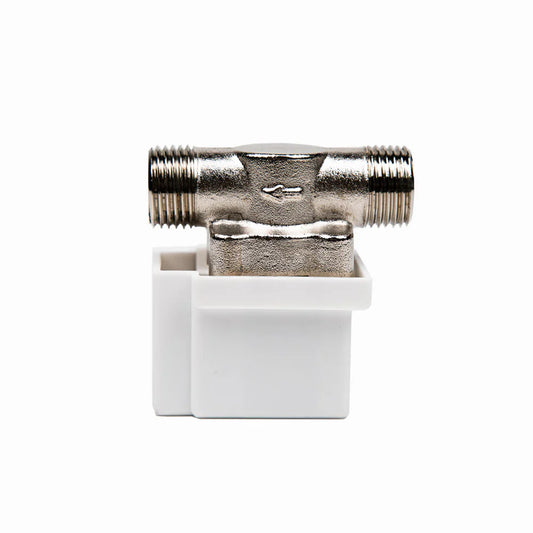 Metal valve with white square base on a white background