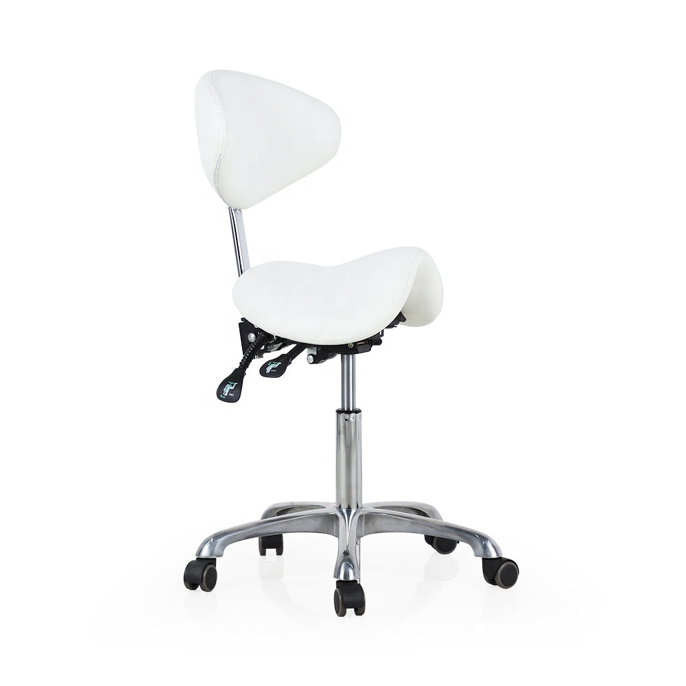 White saddle chair with headrest on a white background