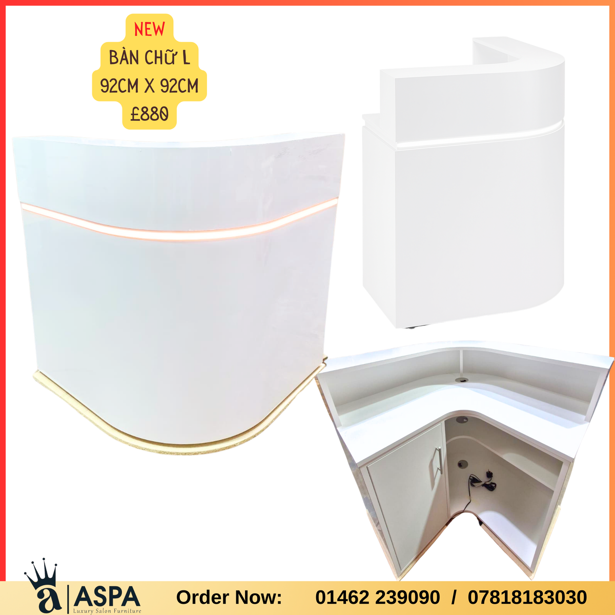White corner cabinet with gold trim on a white background, featuring product details and contact information.
