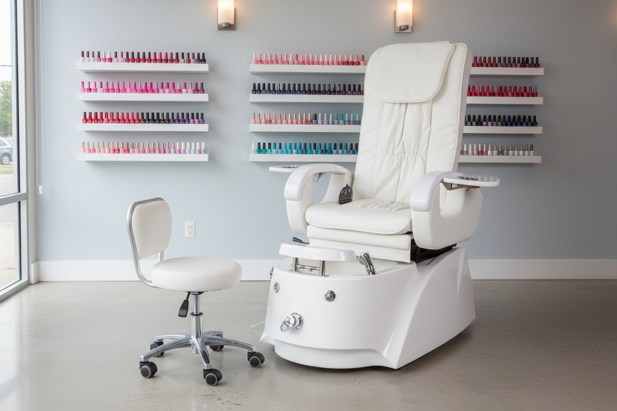 White pedicure chair with foot basin and control panel on a nail salon with many polish gel background